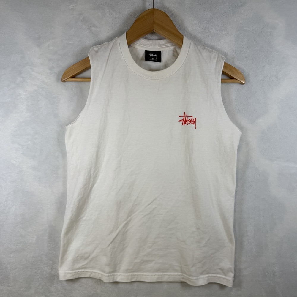 Stussy Tank Top Mens XS White Red Logo Sleeveless Cotton Shirt